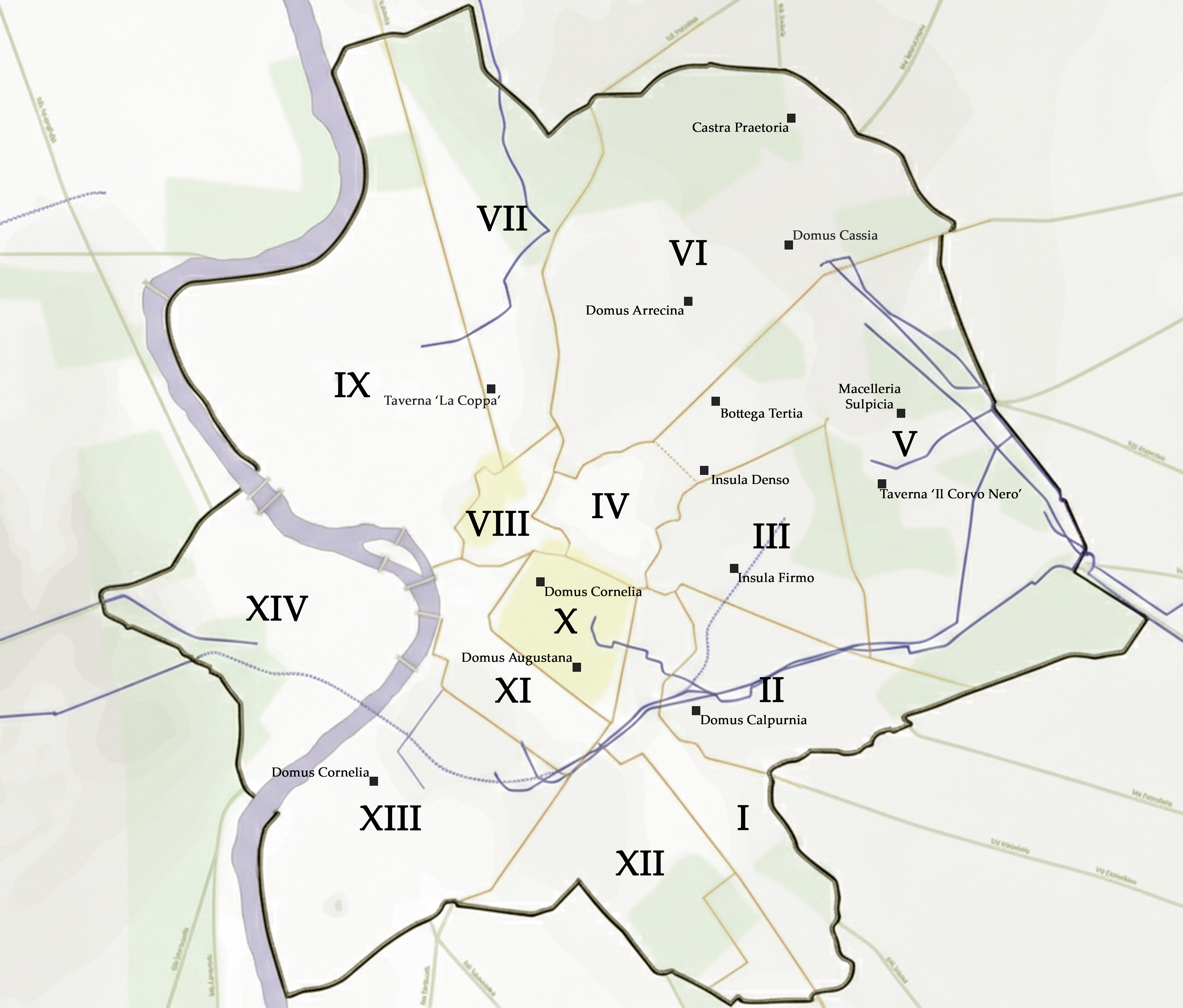 Mappa delle 14 regiones di Roma